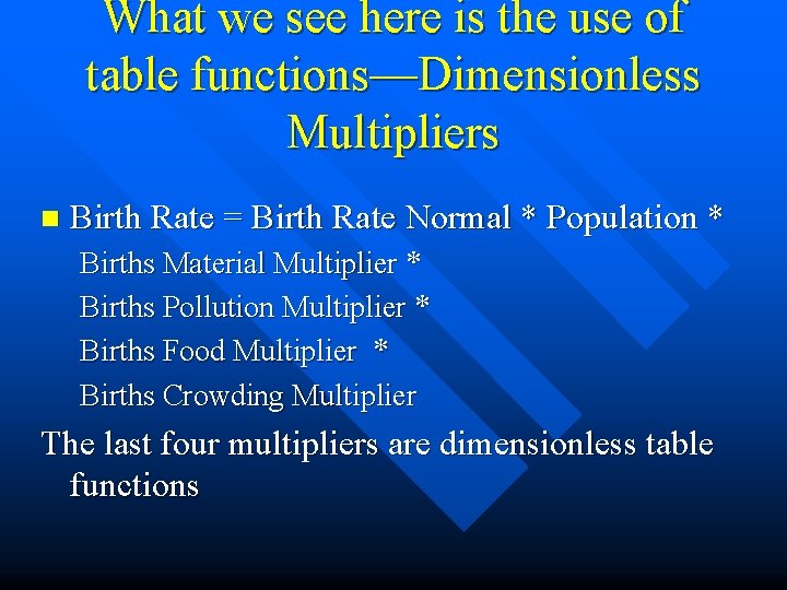 What we see here is the use of table functions—Dimensionless Multipliers n Birth Rate