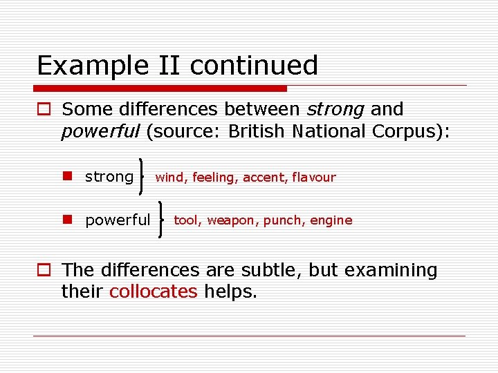 Example II continued o Some differences between strong and powerful (source: British National Corpus):