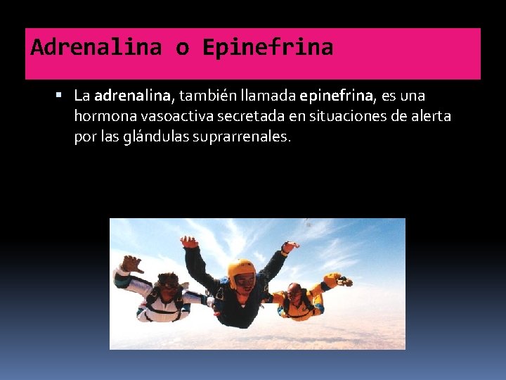 Adrenalina o Epinefrina La adrenalina, también llamada epinefrina, es una hormona vasoactiva secretada en