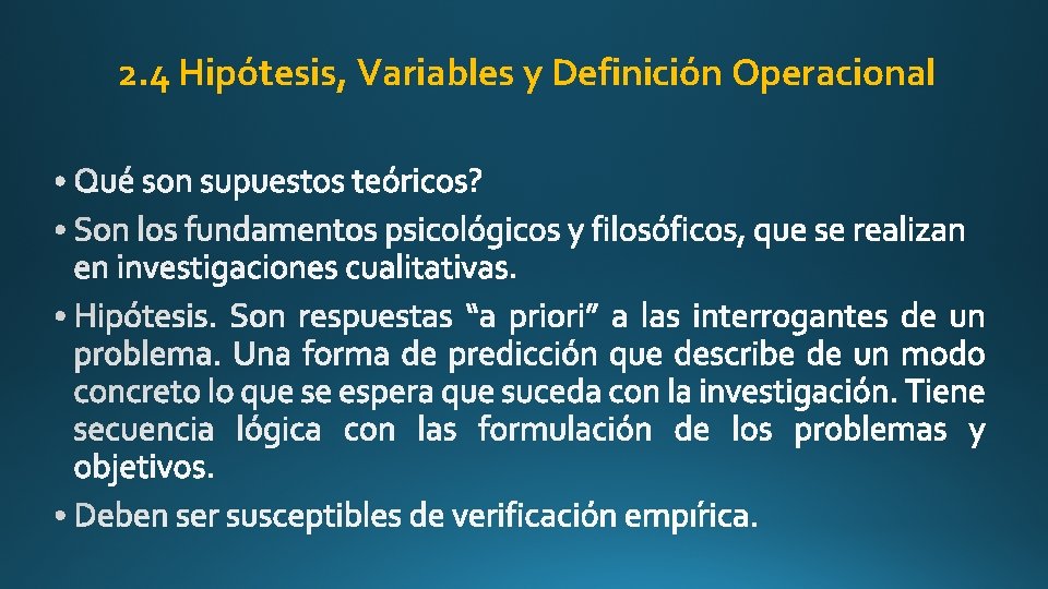 2. 4 Hipótesis, Variables y Definición Operacional 