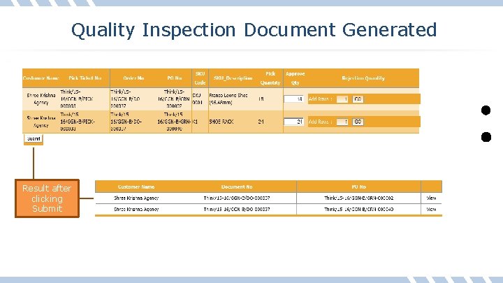 Quality Inspection Document Generated Result after clicking Submit 