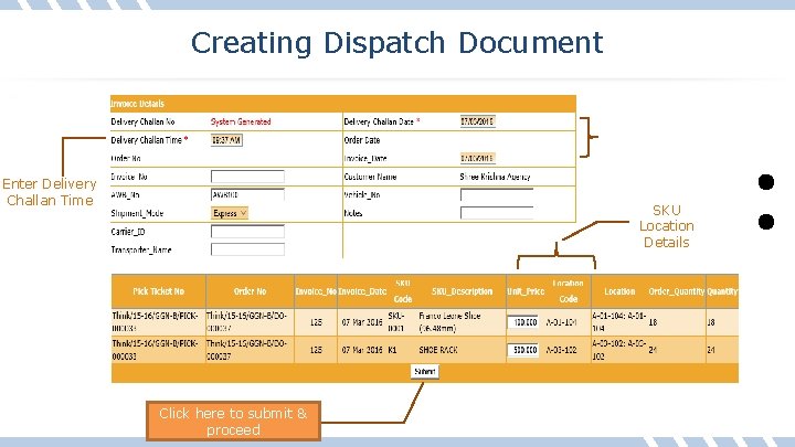 Creating Dispatch Document Enter Delivery Challan Time SKU Location Details Click here to submit