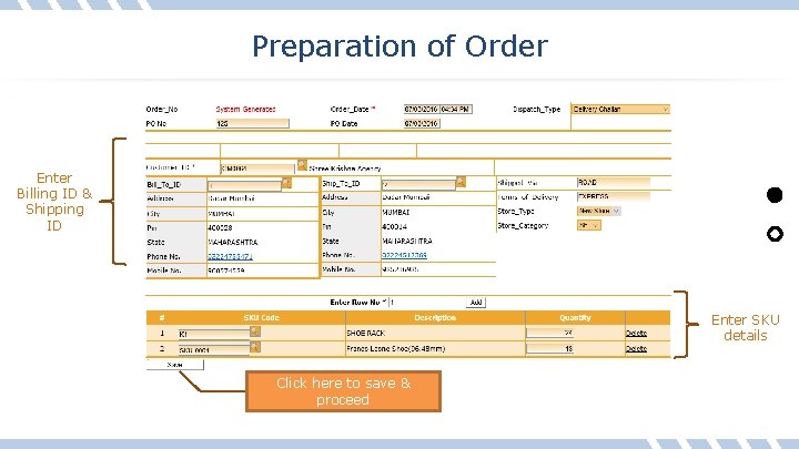 Preparation of Order Enter Billing ID & Shipping ID Enter SKU details Click here