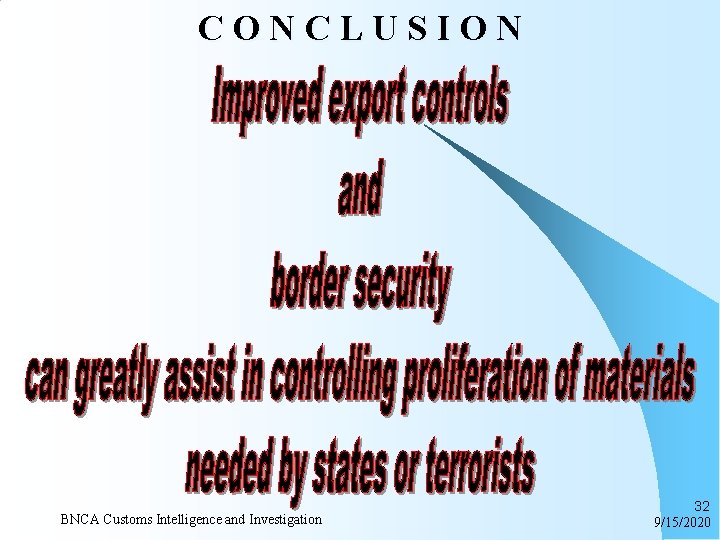CONCLUSION BNCA Customs Intelligence and Investigation 32 9/15/2020 