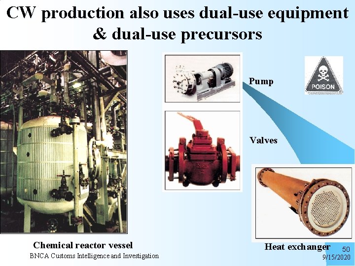 CW production also uses dual-use equipment & dual-use precursors Pump Valves Chemical reactor vessel