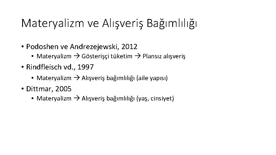 Materyalizm ve Alışveriş Bağımlılığı • Podoshen ve Andrezejewski, 2012 • Materyalizm Gösterişçi tüketim Plansız