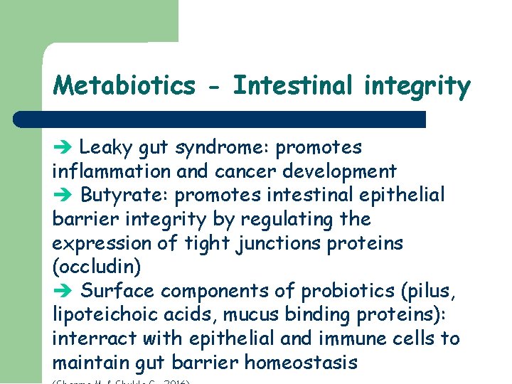 Metabiotics - Intestinal integrity Leaky gut syndrome: promotes inflammation and cancer development Butyrate: promotes