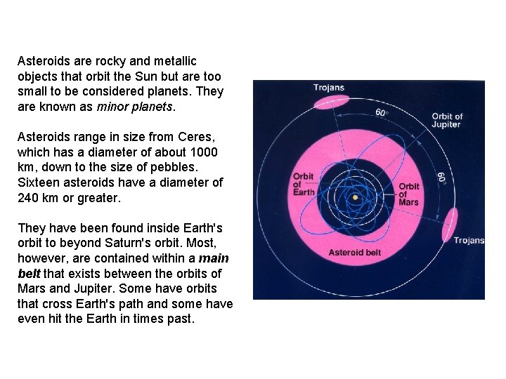 Asteroids are rocky and metallic objects that orbit the Sun but are too small