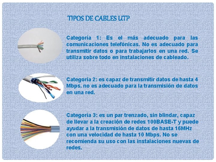 TIPOS DE CABLES UTP Categoría 1: Es el más adecuado para las comunicaciones telefónicas.