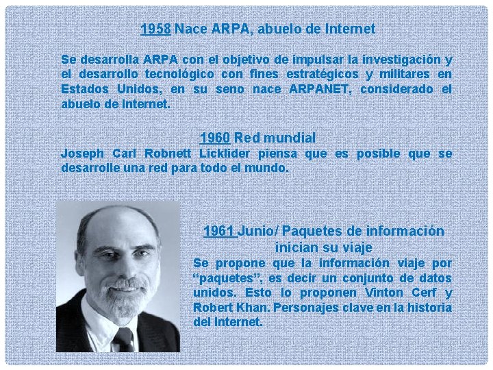 1958 Nace ARPA, abuelo de Internet Se desarrolla ARPA con el objetivo de impulsar