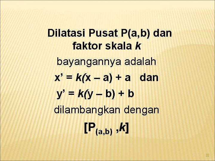 Dilatasi Pusat P(a, b) dan faktor skala k bayangannya adalah x’ = k(x –