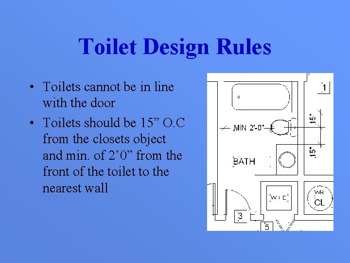 Toilet Design Rules • Toilets cannot be in line with the door • Toilets