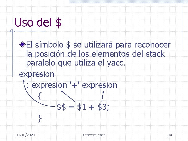 Uso del $ El símbolo $ se utilizará para reconocer la posición de los