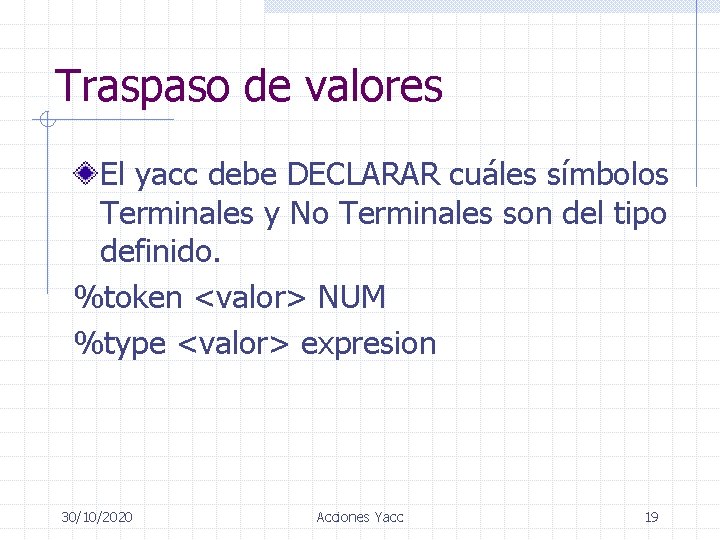 Traspaso de valores El yacc debe DECLARAR cuáles símbolos Terminales y No Terminales son