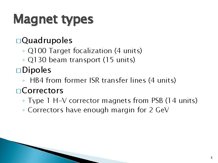 Magnet types � Quadrupoles ◦ Q 100 Target focalization (4 units) ◦ Q 130