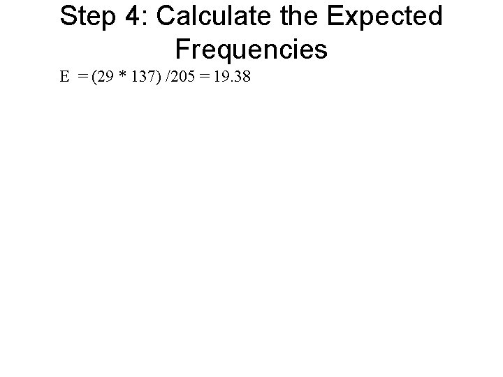 Step 4: Calculate the Expected Frequencies E = (29 * 137) /205 = 19.
