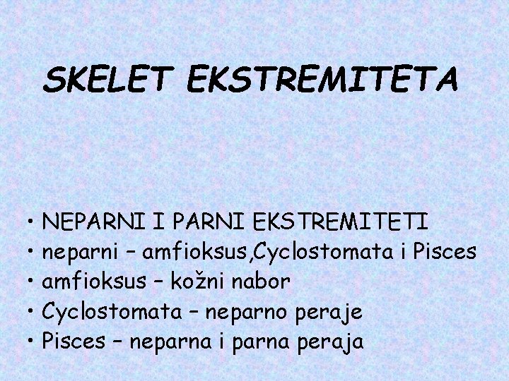 SKELET EKSTREMITETA • NEPARNI I PARNI EKSTREMITETI • neparni – amfioksus, Cyclostomata i Pisces