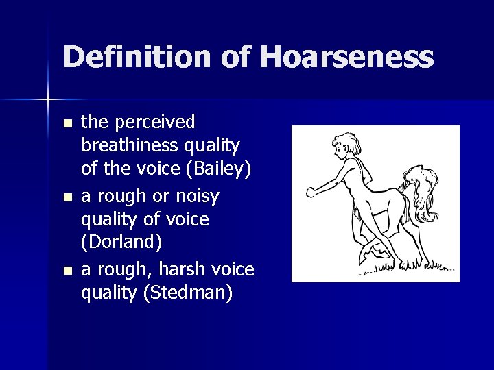 Definition of Hoarseness n n n the perceived breathiness quality of the voice (Bailey)