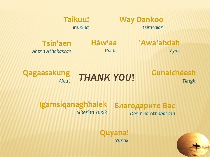Way Dankoo Taikuu! Tsimshian Inupiaq Tsin'aen Ahtna Athabascan Qagaasakung Aleut Háw'aa ‘Awa'ahdah Haida Eyak