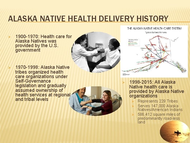 ALASKA NATIVE HEALTH DELIVERY HISTORY Ø 1900 -1970: Health care for Alaska Natives was