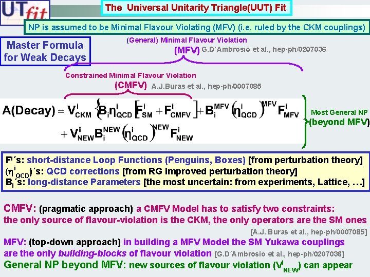 The Universal Unitarity Triangle(UUT) Fit NP is assumed to be Minimal Flavour Violating (MFV)