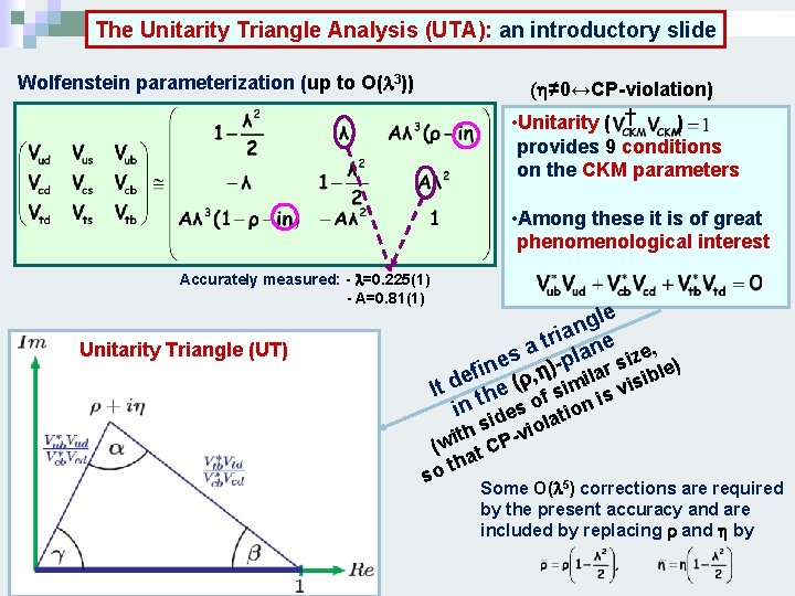 The Unitarity Triangle Analysis (UTA): an introductory slide Wolfenstein parameterization (up to O(l 3))