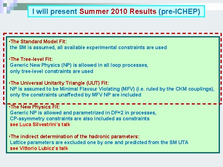 I will present Summer 2010 Results (pre-ICHEP) • The Standard Model Fit: the SM