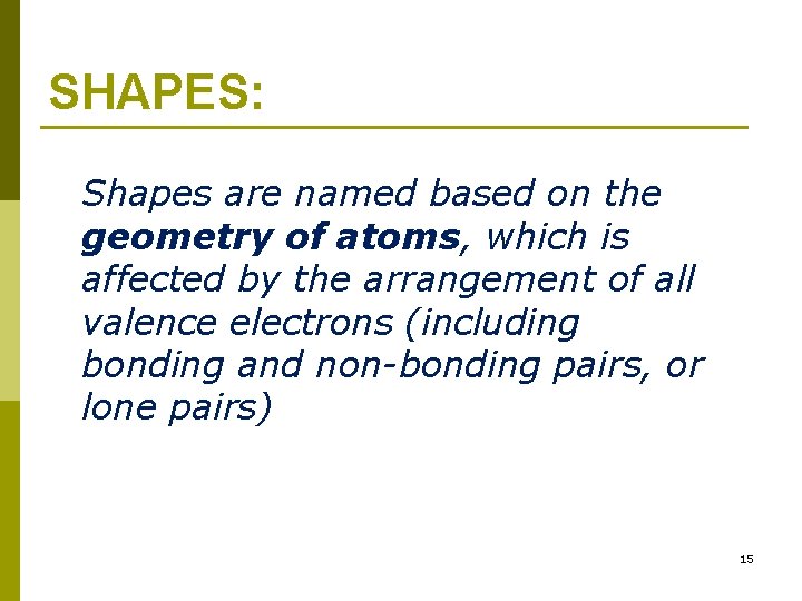 SHAPES: Shapes are named based on the geometry of atoms, which is affected by