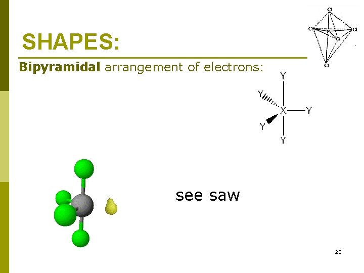 SHAPES: Bipyramidal arrangement of electrons: see saw 20 