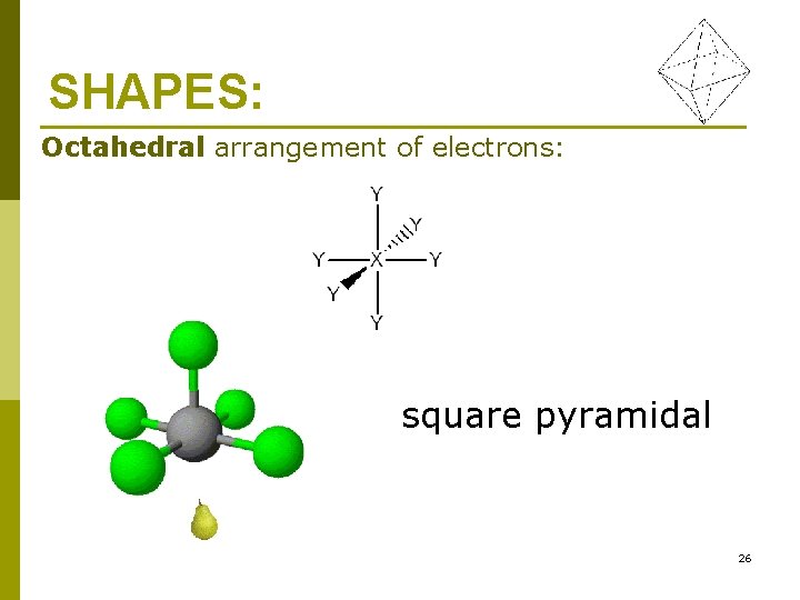 SHAPES: Octahedral arrangement of electrons: square pyramidal 26 