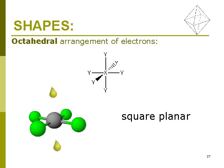 SHAPES: Octahedral arrangement of electrons: square planar 27 