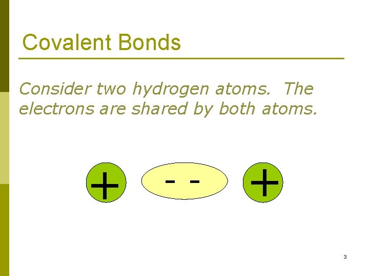 Covalent Bonds Consider two hydrogen atoms. The electrons are shared by both atoms. +