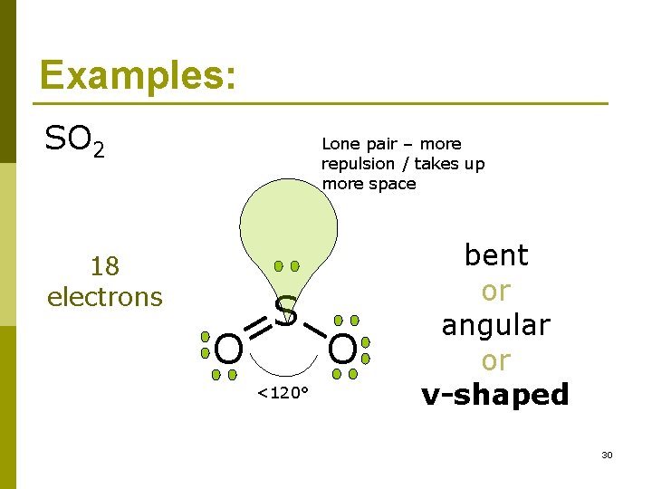 Examples: SO 2 Lone pair – more repulsion / takes up more space 18