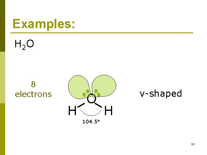 Examples: H 2 O 8 electrons H O v-shaped H 104. 5° 32 