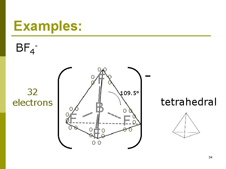 Examples: BF 4 - - F 32 electrons 109. 5° F B F tetrahedral