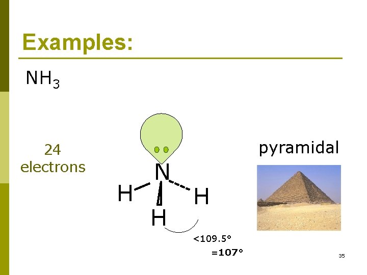 Examples: NH 3 pyramidal 24 electrons H N H H <109. 5° =107° 35