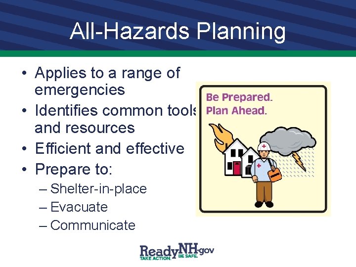 All-Hazards Planning • Applies to a range of emergencies • Identifies common tools and