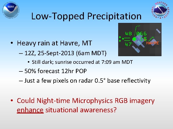 Low-Topped Precipitation • Heavy rain at Havre, MT – 12 Z, 25 -Sept-2013 (6