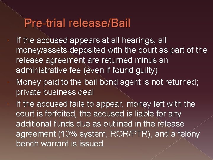 Pre-trial release/Bail If the accused appears at all hearings, all money/assets deposited with the