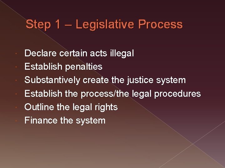 Step 1 – Legislative Process Declare certain acts illegal Establish penalties Substantively create the