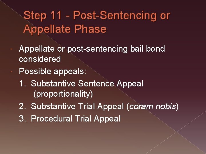 Step 11 - Post-Sentencing or Appellate Phase Appellate or post-sentencing bail bond considered Possible
