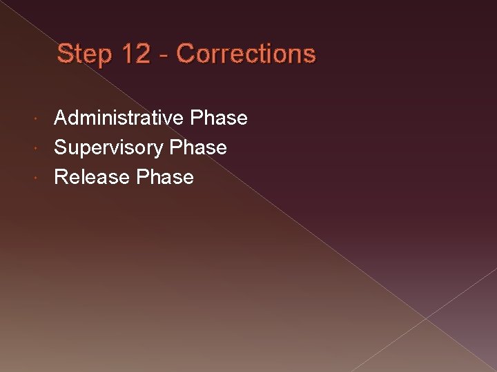 Step 12 - Corrections Administrative Phase Supervisory Phase Release Phase 