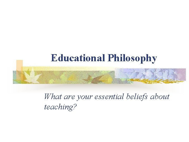 Educational Philosophy What are your essential beliefs about teaching? 