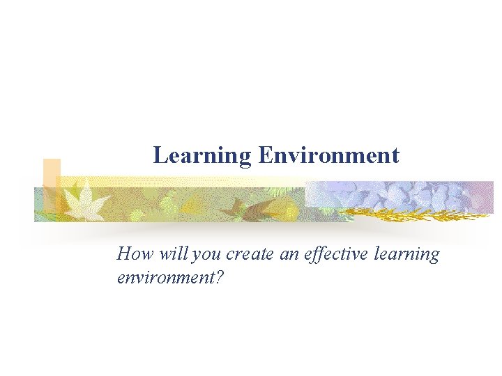 Learning Environment How will you create an effective learning environment? 