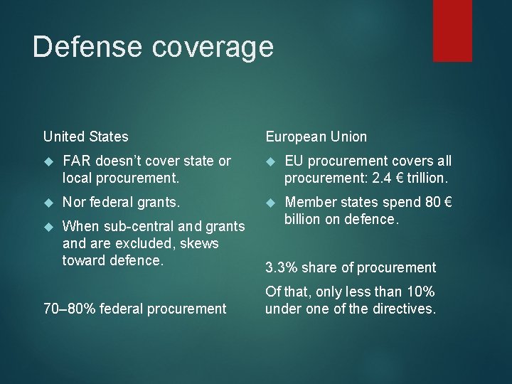 Defense coverage United States European Union FAR doesn’t cover state or local procurement. EU