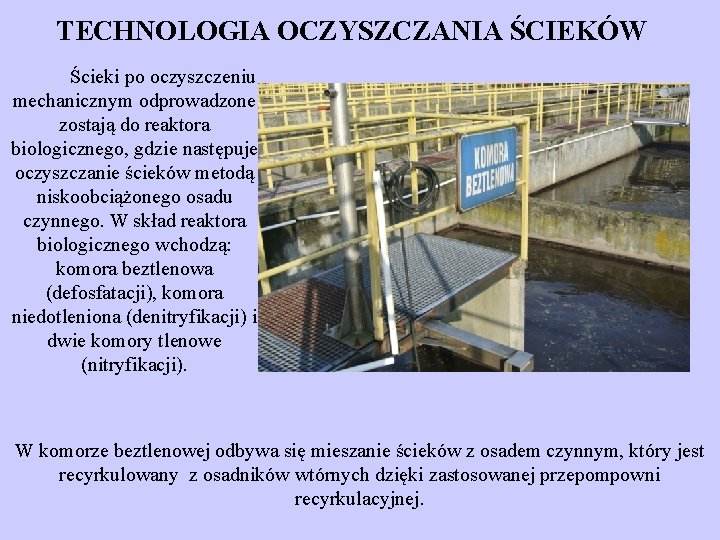 TECHNOLOGIA OCZYSZCZANIA ŚCIEKÓW Ścieki po oczyszczeniu mechanicznym odprowadzone zostają do reaktora biologicznego, gdzie następuje