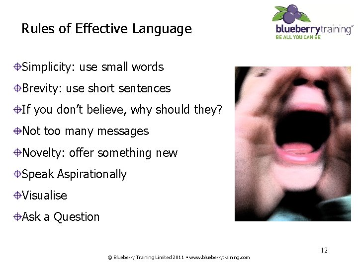 Rules of Effective Language Simplicity: use small words Brevity: use short sentences If you
