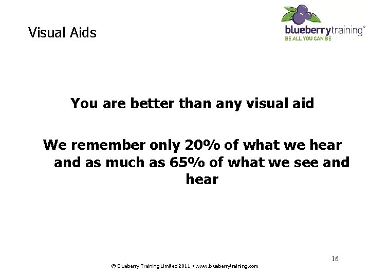 Visual Aids You are better than any visual aid We remember only 20% of