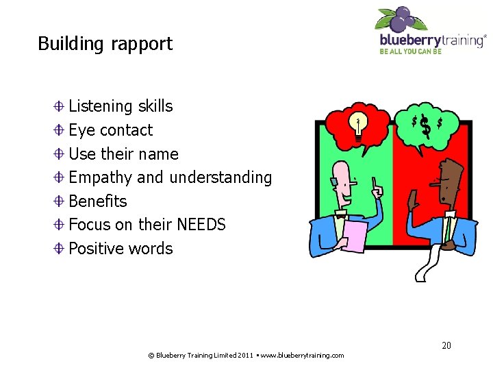 Building rapport Listening skills Eye contact Use their name Empathy and understanding Benefits Focus