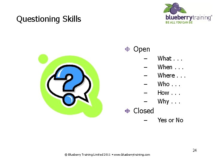 Questioning Skills Open – – – What. . . When. . . Where. .